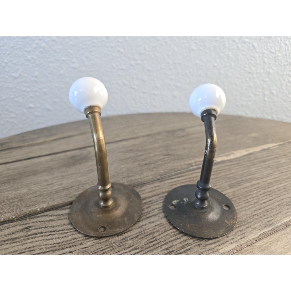 2 Vintage Brass & Porcelain Ball Wall Hanger Hook Coat Towel Rack Farmhouse - Picture 4 of 10